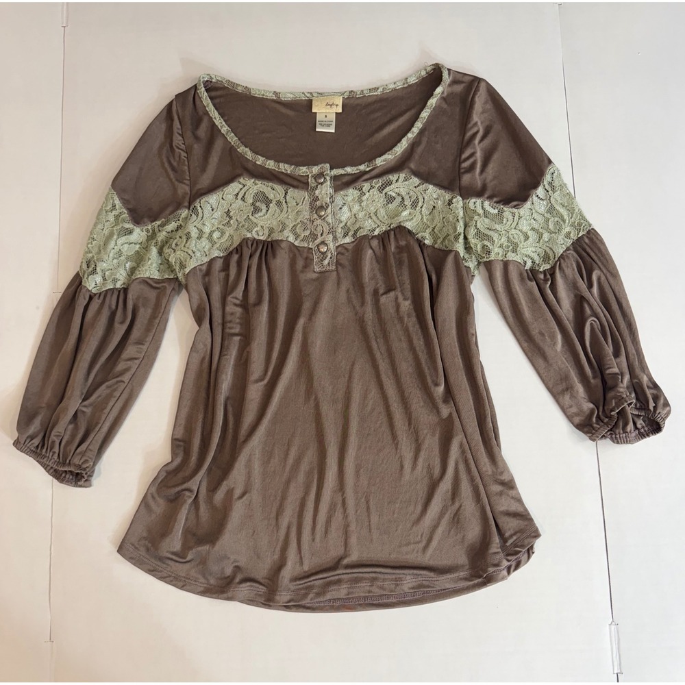 Daytrip Lace Trim Peasant Blouse Taupe 3/4 Balloon Sleeve Top Small